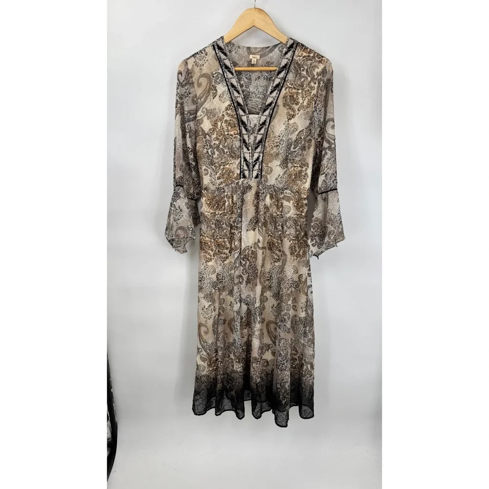 Reba Midi Dress Womens Large Paisley Print Chiffon Brown Black Bell Sleeve Boho